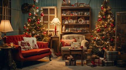Retro Christmas: A nostalgic scene of a retro living room, adorned with vintage Christmas decorations and a classic tree 