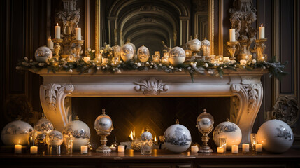 Fototapeta na wymiar Holiday Reflection: A beautifully decorated mantel with candles, ornaments, and a festive garland, reflecting the essence of Christmas 