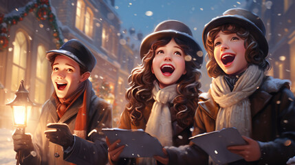 Snowy Carolers: Carolers singing in the snow, with beautiful harmonies and vibrant winter attire, spreading holiday cheer 