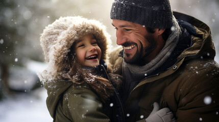 couple in winter , father and child hug happy with time together 