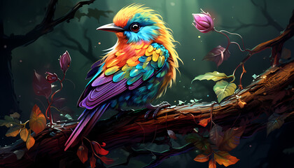 A bird with colorful feathers is sitting on a branch