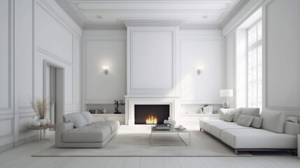 White living room interior design in luxurious modern classic contemporary style with floor-to-ceiling window, fireplace and sofa, no people.