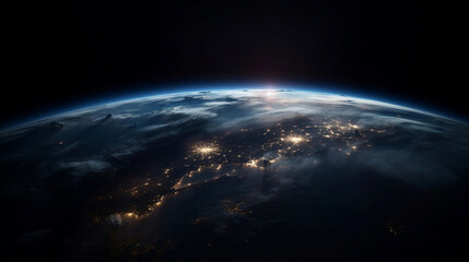 Planet earth at night with glowing light in the city view from outer space, world travel, exploration and global business concept illustration.