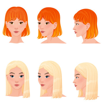 Set of hairstyles in three different angles.  Different view front, profile, three-quarter of a girl face.
