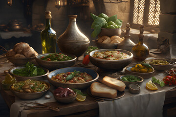 Mediterranean Kitchen. A variety of dishes on one table in a Middle-earth tavern