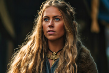 Beautiful Scandinavian viking queen with long blonde hair (Generative AI)