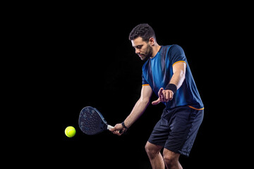 Padel tennis player in social media template. Man athlete with paddle tenis racket on blue...