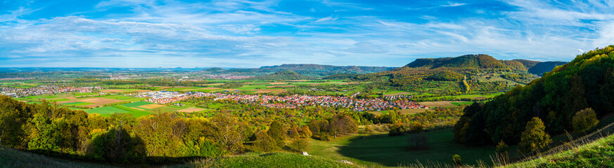 Germany, XXL Panorama view, swabian alb nature landscape, bissingen unter teck houses, sunny day...