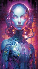 sci fi female head, symmetry patterns, in the style of detailed and intricate compositions, dark cyan and orange, crystalcore, neo-academism, generative ai