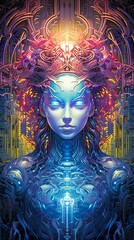 sci fi female head, symmetry patterns, in the style of detailed and intricate compositions, dark cyan and orange, crystalcore, neo-academism, generative ai