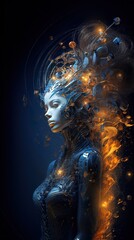fantasy female concept, technology revolution and cyborg, in style of blue and orange, sci fi fiction, generative ai
