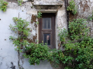 Fototapeta na wymiar Old window with shutters. Ancient, old grunge wall and window covered by moss.
