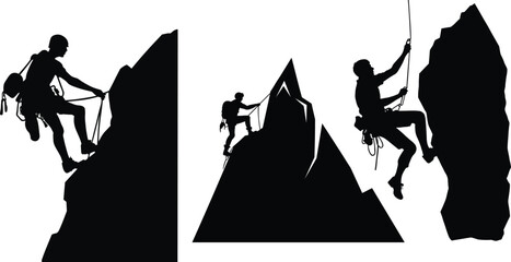 Vector clip art of mountain climbers climbing rocks. Black and white outdoor climbing and recreation logos.