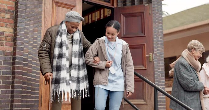 Stairs, senior woman and caregiver with support and help outdoor with walking cane and physical therapy. Elderly female person, rehabilitation and nurse with patient at steps together at nursing home