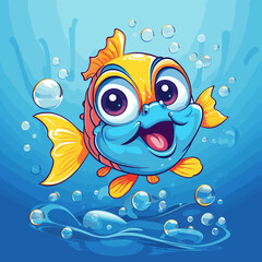 Fototapeta na wymiar Cute Cartoon Fish In The Ocean