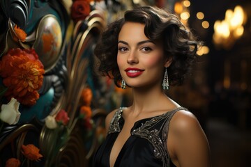Elegant Brunette Woman in 1920s Fashion Posing Cheerfully at Themed Party with Art Deco Ornament Background, Retro and Gatsby Events