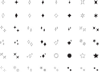 手書きのベクターのキラキラ・星セット　かわいい　白黒　黒　Hand drawn vector shining set.　Hand drawn cute  black star collection.