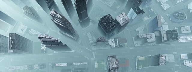 Cityscape, aerial view of the city in the fog, skyscrapers from the height of the flight, 3d rendering