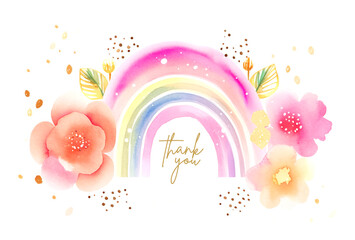 Watercolor rainbow with flowers, thank you card