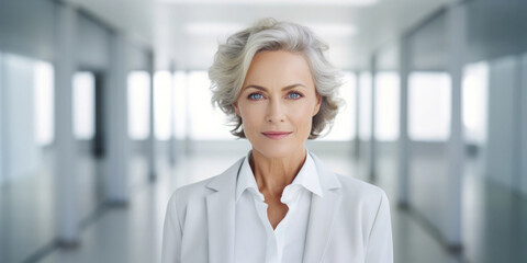 portrait of a confident smiling mature business woman with gray hair and white clothes on a bright office background . extra wide image