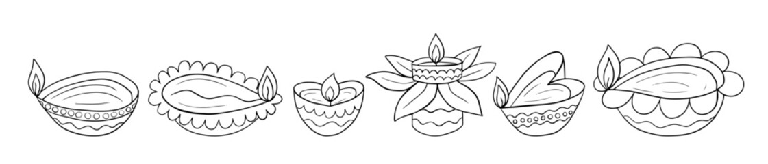 Diwali different shapes diya set. Hand drawn Diwali lamps deepak vector doodle set
