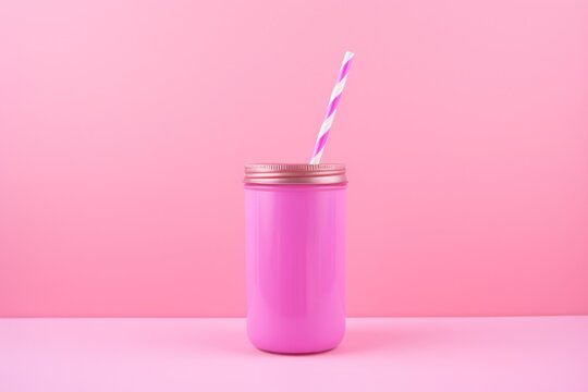 A vibrant pink cup filled with a magenta-hued liquid, sitting atop a purple-painted wall and illuminated by the soft glow of a candle, creates a soothing and inviting atmosphere