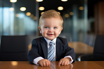 Picture made with generative ai cute business baby boy in suit working in office joyfully smiling