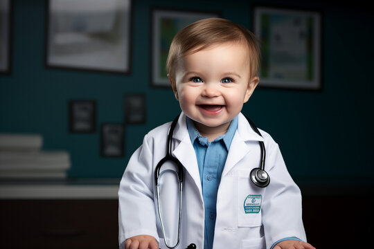Generative ai collage photo of cute baby wear hospital uniform coat future medical service worker