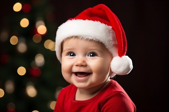 Generative AI closeup picture adorable little baby toddler age wearing christmas costume santa claus cap