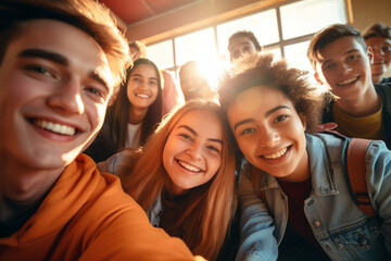 Generative ai collage of group school classmates making selfie in classroom