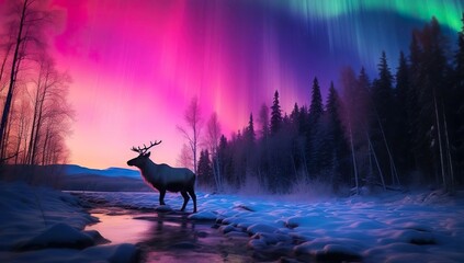 A deer is standing in the snow with a colorful sky of aurora in the background at night