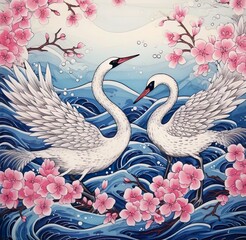 Fototapeta premium Two white swans in a blue water and one has a pink flower in the middle of illustration painting