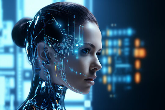 Generative ai collage photo of business lady using modern technology personal information storage in head