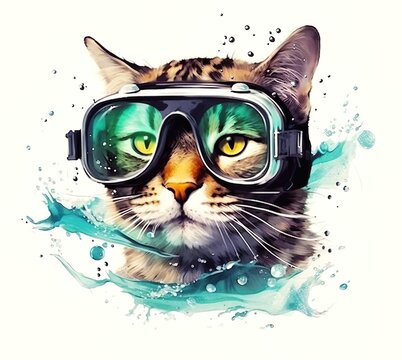 An illustration painting cat wearing goggles isolated on white