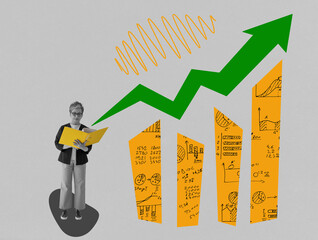 Collage about financial accounting. A woman is holding folder with audit report.