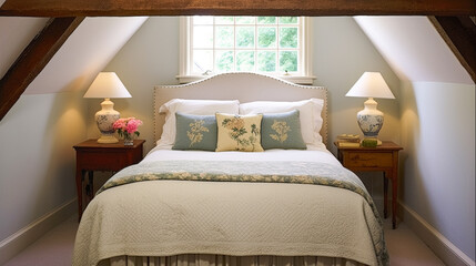Farmhouse bedroom decor, interior design and home decor, bed with elegant bedding and bespoke furniture, English country house, holiday rental and cottage style