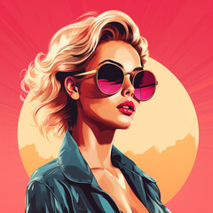 Pop art retro style rich pretty sexy blonde young woman wearing sunglasses on vibrant colorful background