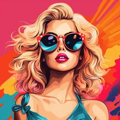 Rolgordijnen Pop art retro style rich pretty sexy blonde young woman wearing sunglasses on vibrant colorful background © MauriceNo