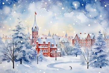 Cityscape with skyscraper and Christmas tree in modern city on snowvy season to X'mas celebrate. Watercolor illustration background, Generative AI