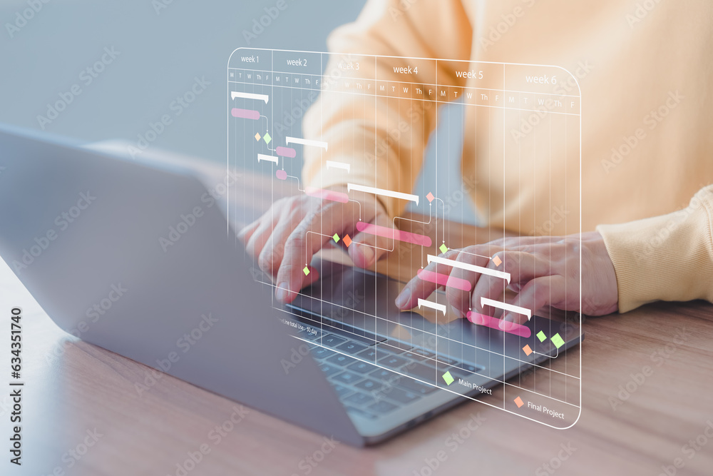 Poster Business man working data analytics with computer in business management system to make report with KPI and metrics connected to database. Corporate strategy for finance, marketing, operations, sales.