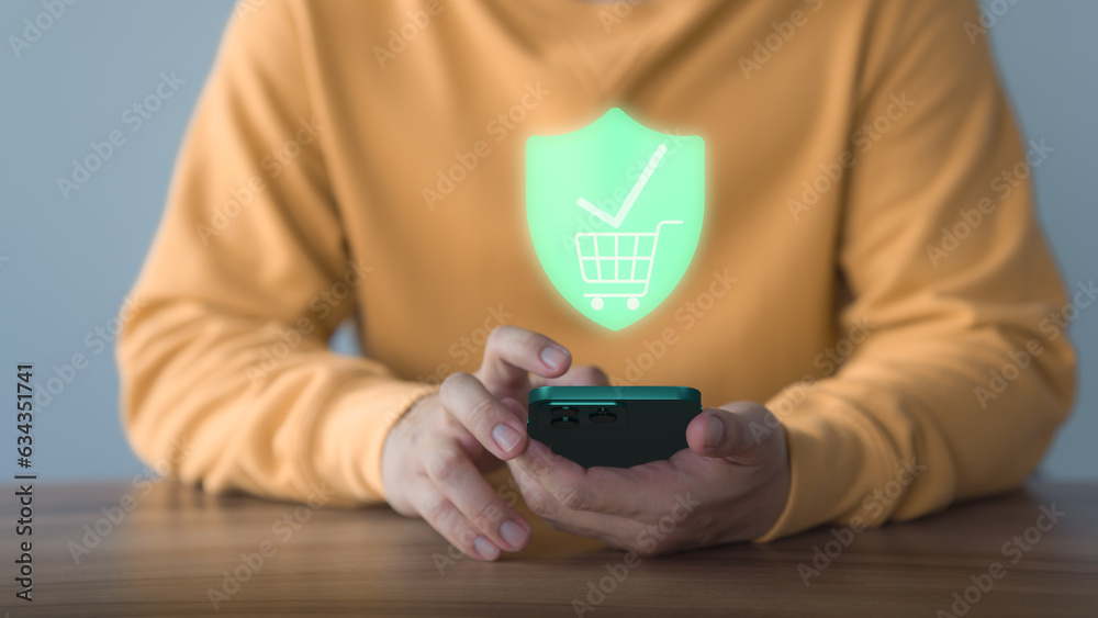 Aufkleber Customer using a smartphone to make online purchases by application or website. Business service and financial concept of Internet banking safe online shopping and payment.