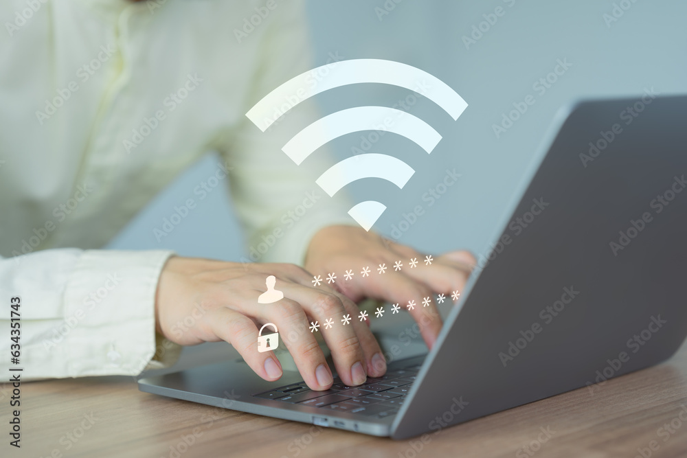 Poster User using a computer laptop to connect to wifi but wifi not connected or password is incorrect and waiting to loading digital data form website, concept technology of waiting for connect to wifi.