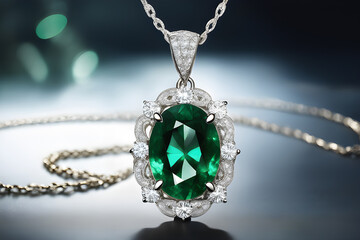 Elegant pendant with emerald. Beautiful jewelry with a transparent green stone