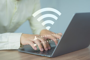 User using a computer laptop to connect to wifi but wifi not connected or password is incorrect and waiting to loading digital data form website, concept technology of waiting for connect to wifi. - 634351743