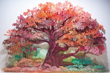 Illustration of a beautiful tree with pink flowers in autumn season.