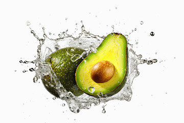 aguacates frescos sobre fondo blanco y agua salpicando, ilustracion de ia generativa
