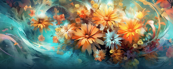 Fototapeta na wymiar fondo floral de color naranja y azul, ilustracion de ia generativa 