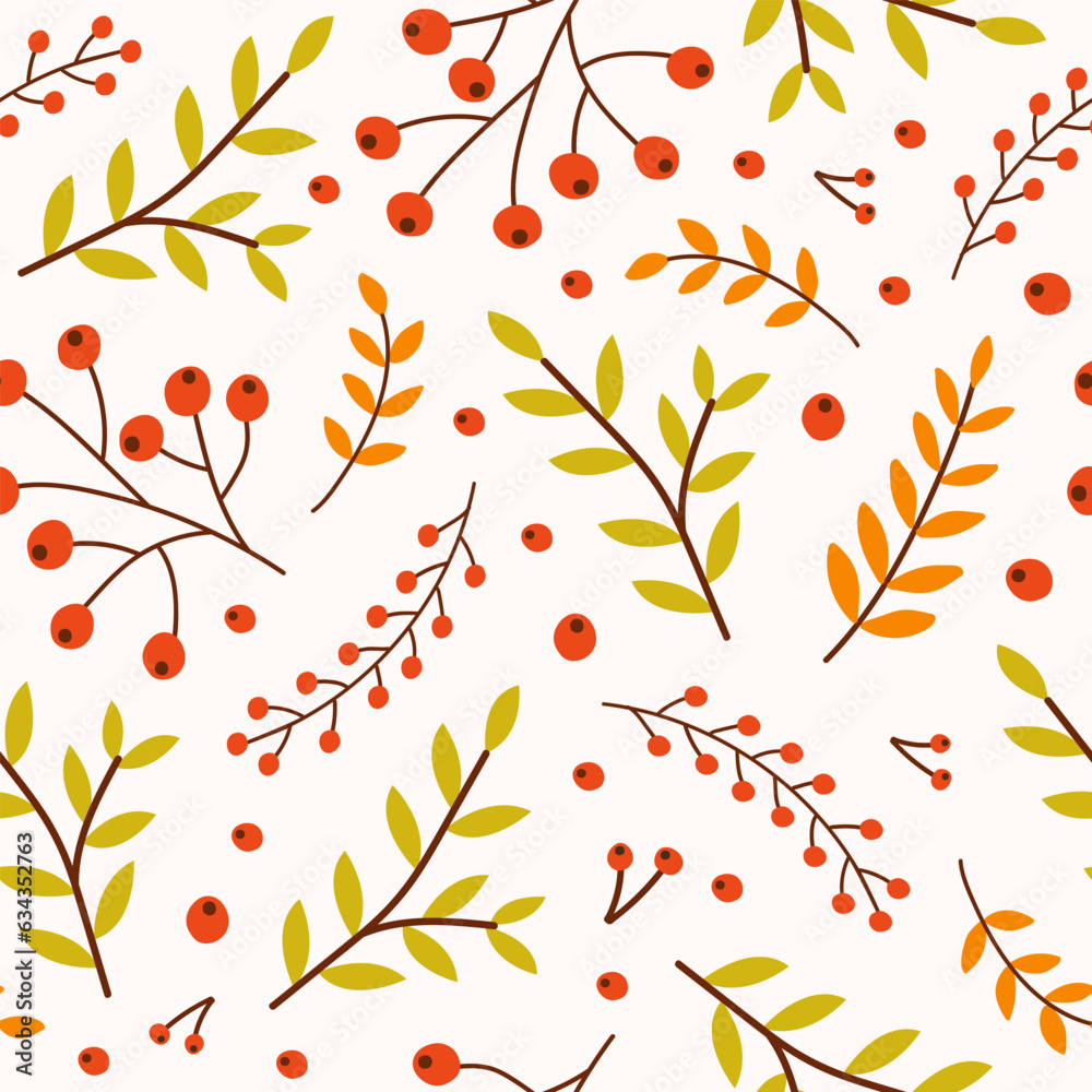 Poster Abstract seamless pattern with  branches berries and leaves on a white background . Seasonal design for textile, prints, wrapping paper. Vector illustration