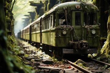 Veiled Memories of Movement: Immersing in the Mystical Atmosphere of a Disused, Moss-Adorned Train on a Desolate Track within the Heart of a Lush Forest