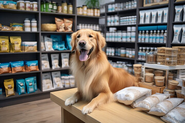 pet shop delivery, dog store, animal accessories, funny happy dog in a pet supermarket - obrazy, fototapety, plakaty